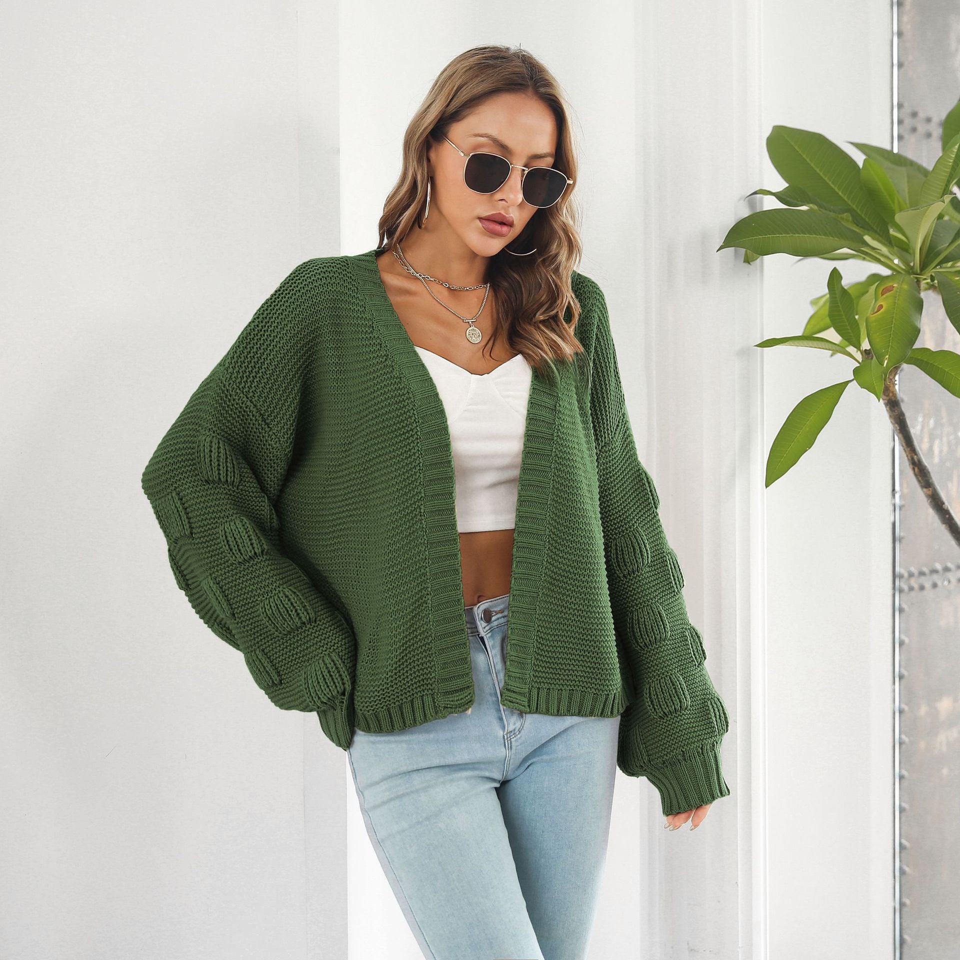 Puff Sleeve Cardigan Sweater Women Clothes Front Chunky Knitwear Coat vafini