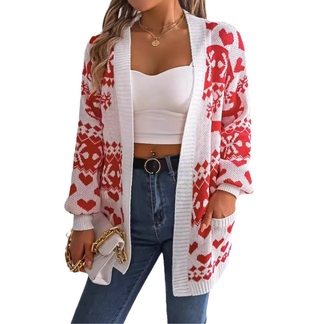 2024 Christmas Clothes Women's Open Front Cardigan Knitwear Lantern Sleeve Xmas Printed Oversized Deer Sweater Pockets Knitted vafini