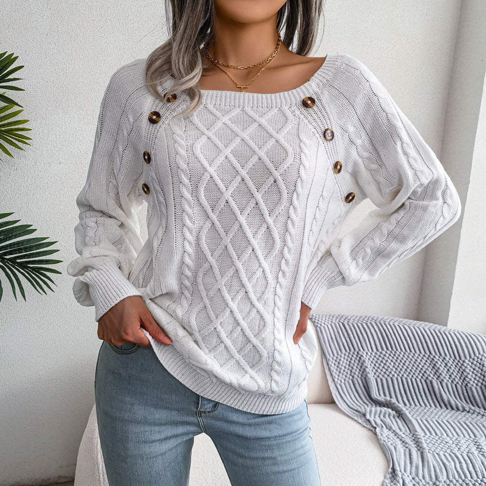 Square Neck Knitted Sweater With Button Design Winter Warm Long Sleeve Tops Women's Clothing vafini