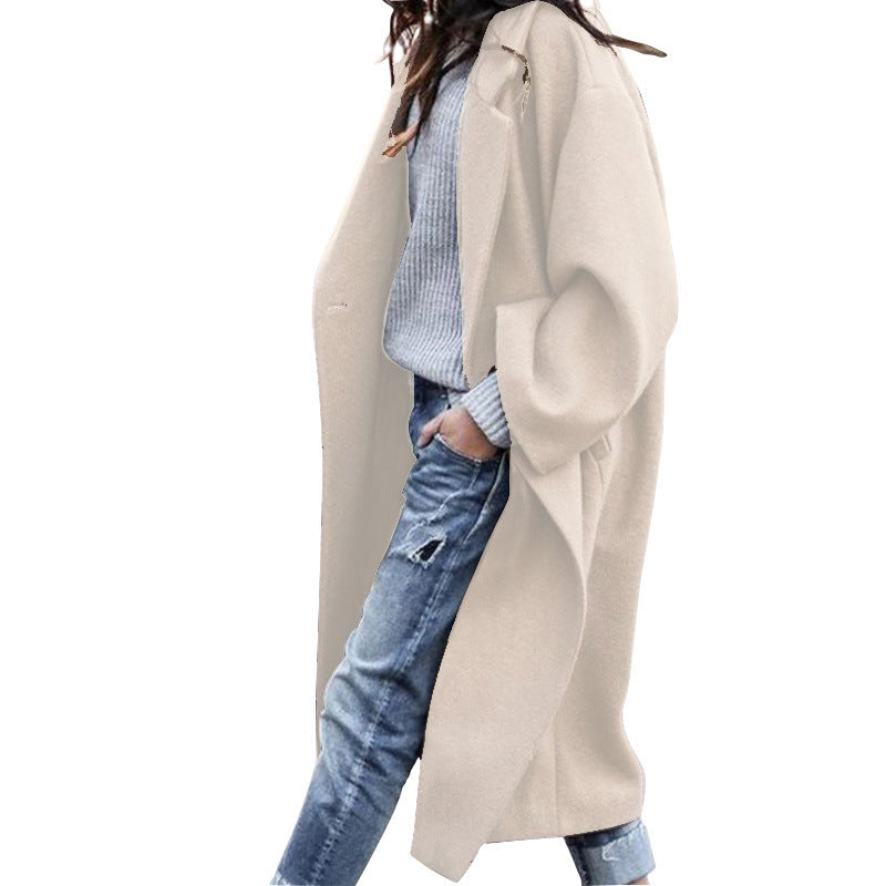 Casual Long Jacket With Pockets Solid Color Single Breasted Lapel Woolen Coat For Women Warm Winter Clothing vafini