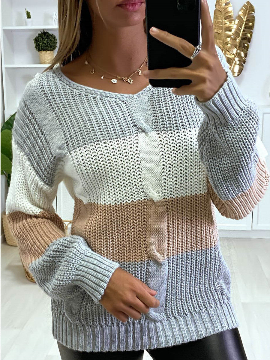 New Knitted V Neck Color Matching Long Sleeved Sweater Women vafini