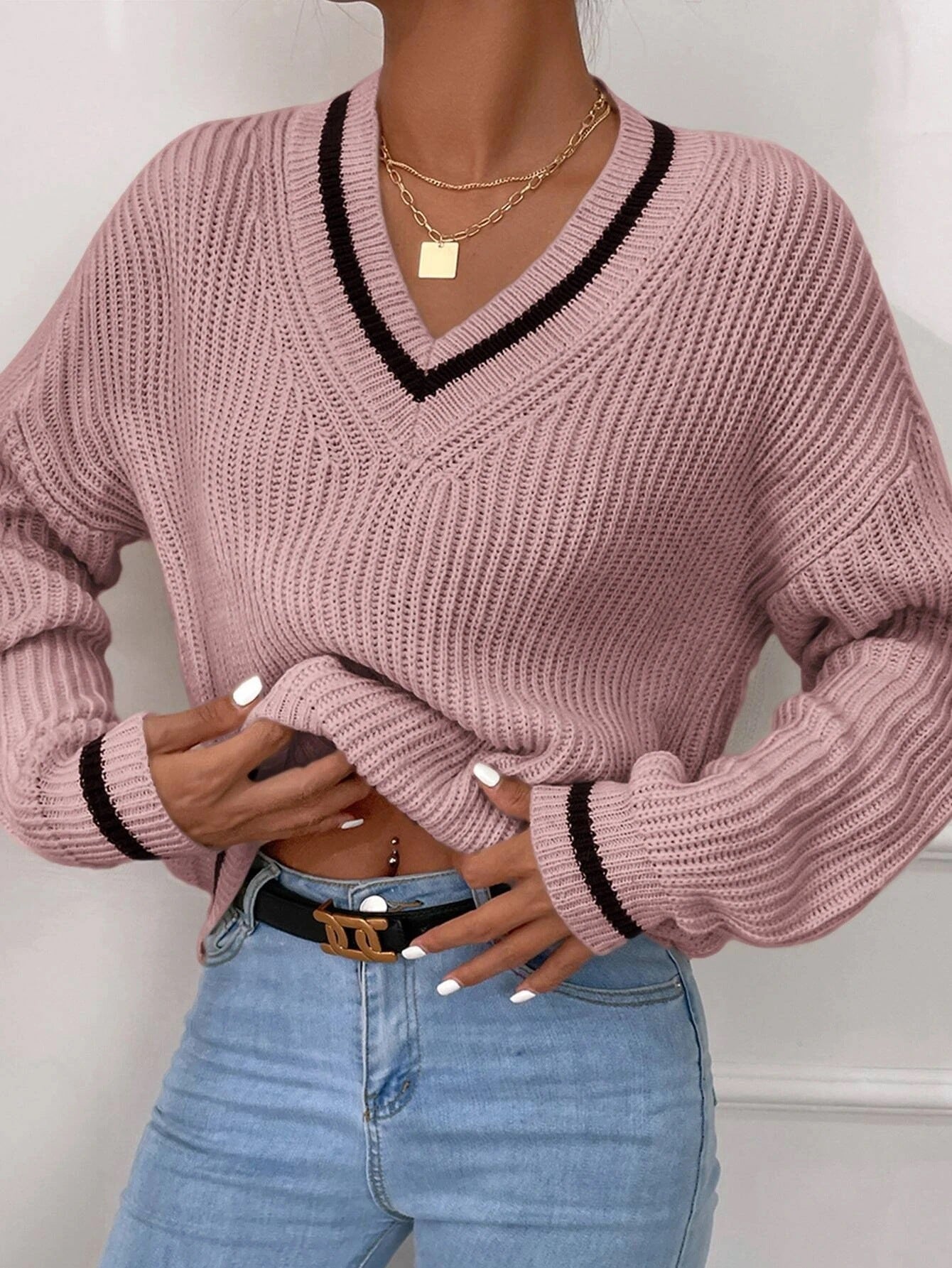 Winter Women's Clothes Cable Knit V Neck Sweaters Casual Long Sleeve Striped Pullover Sweater Trendy Loose Preppy Jumper Top vafini