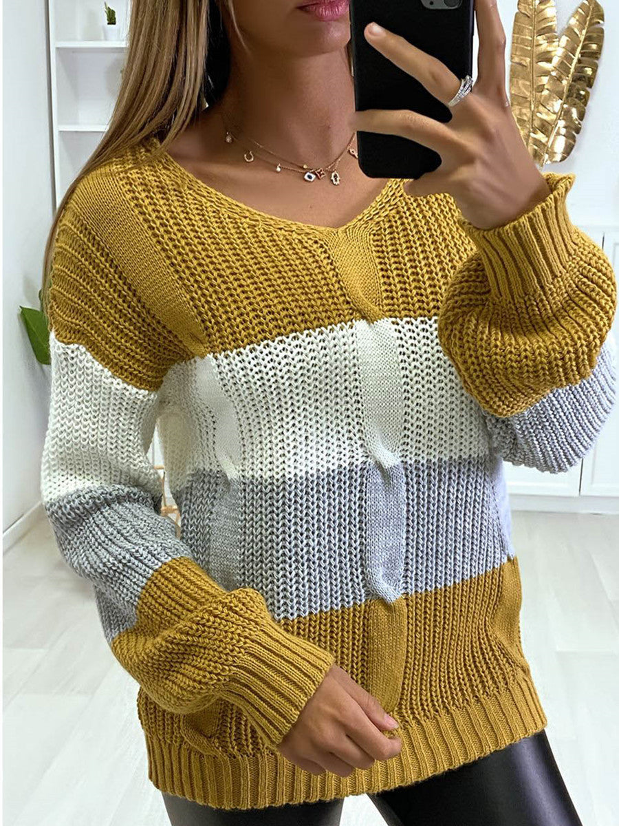 New Knitted V Neck Color Matching Long Sleeved Sweater Women vafini