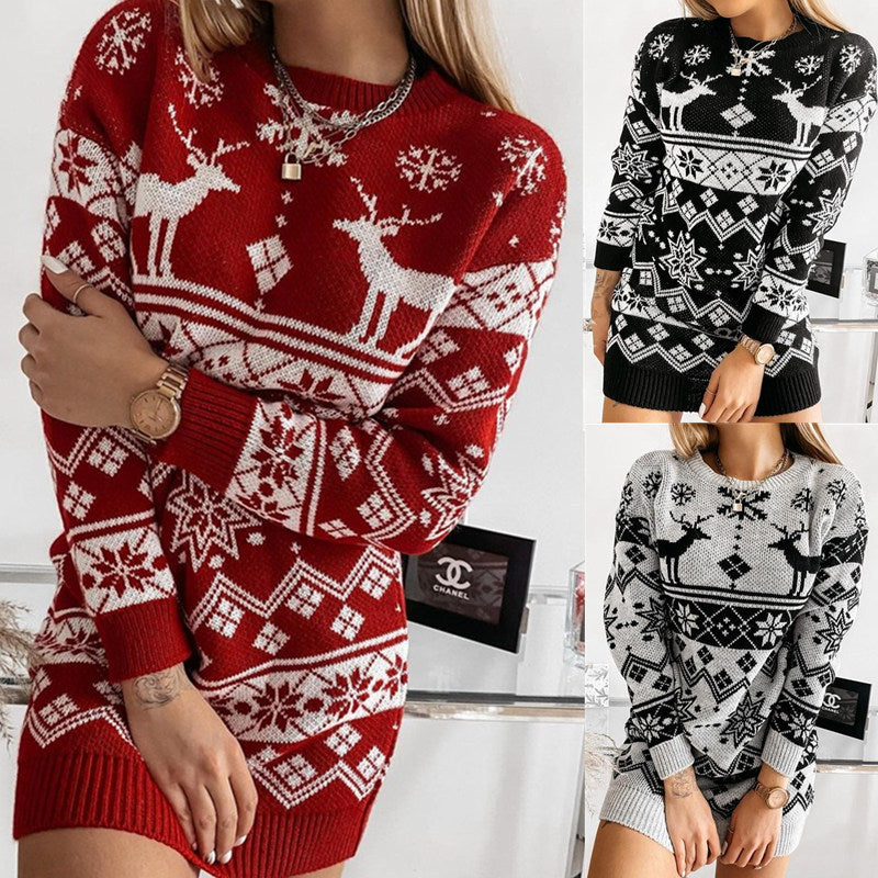 Elk Snowflake Christmas Jacquard Knitted Dress Long Knitted Sweaters vafini