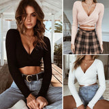 Sexy Women Ladies Summer Slim Crop Tops Long Sleeve T Shirt Casual Solid V Neck Knitted Short Tops vafini