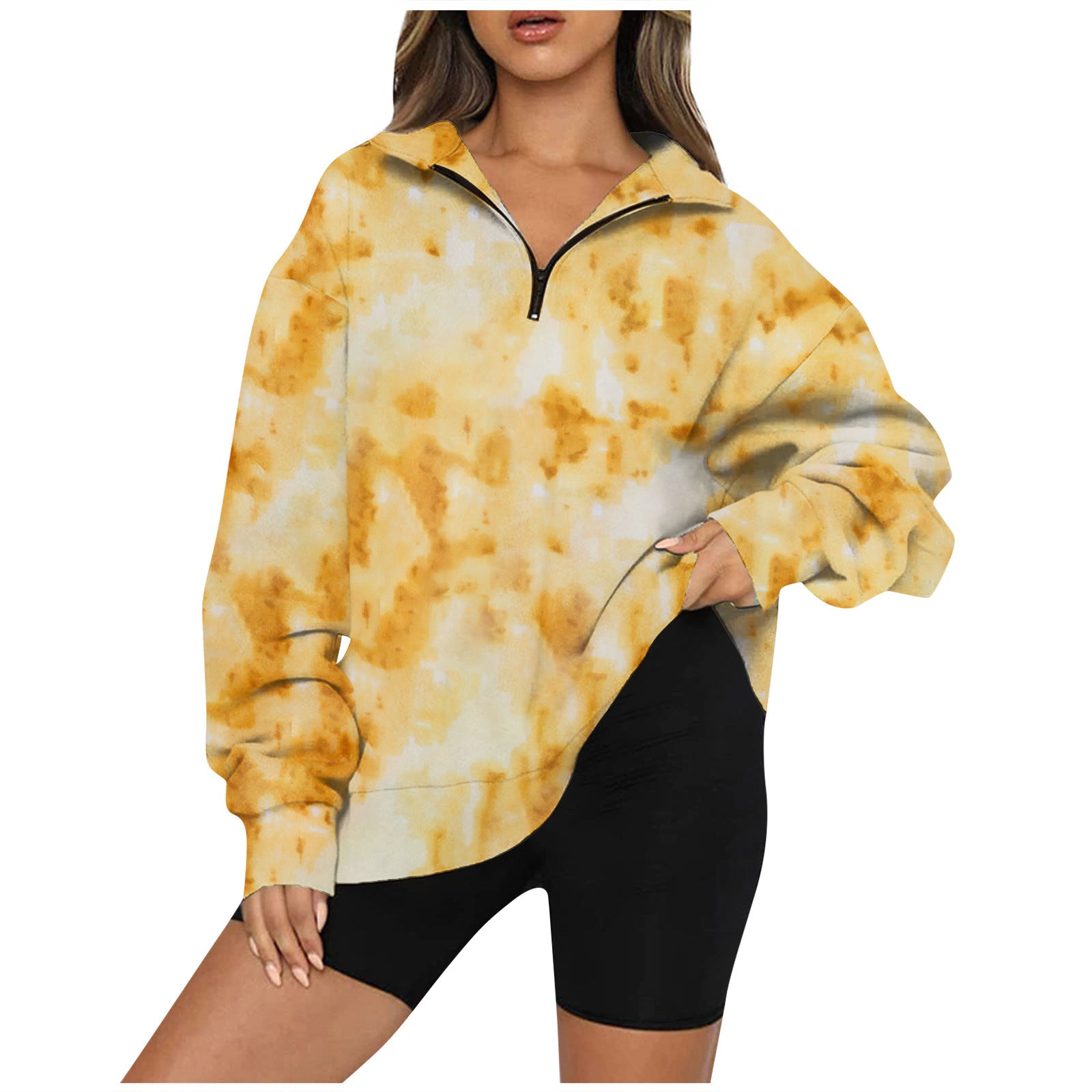 Tie Dye Printed Zippered Lapels Sweatshirt Womens Clothing Long Sleeve Loose Pocketless Top vafini