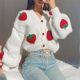 Female Cute Strawberry Loose V-neck Cardigan Sweater vafini