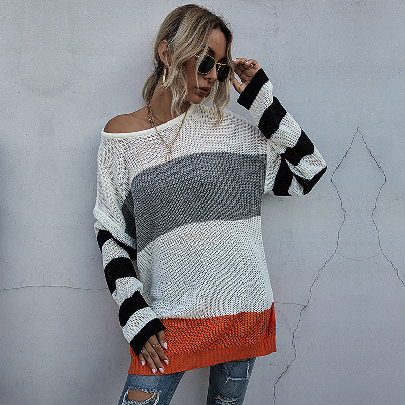 Women s Striped Round Neck Knitted Sweater vafini