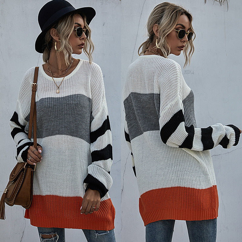 Women s Striped Round Neck Knitted Sweater vafini