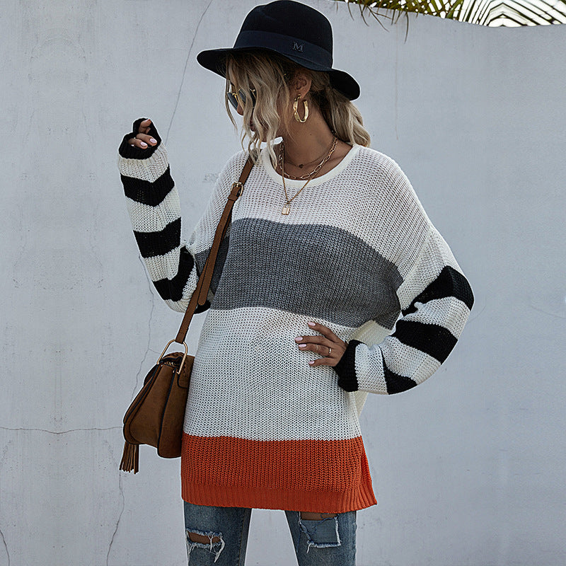 Women s Striped Round Neck Knitted Sweater vafini