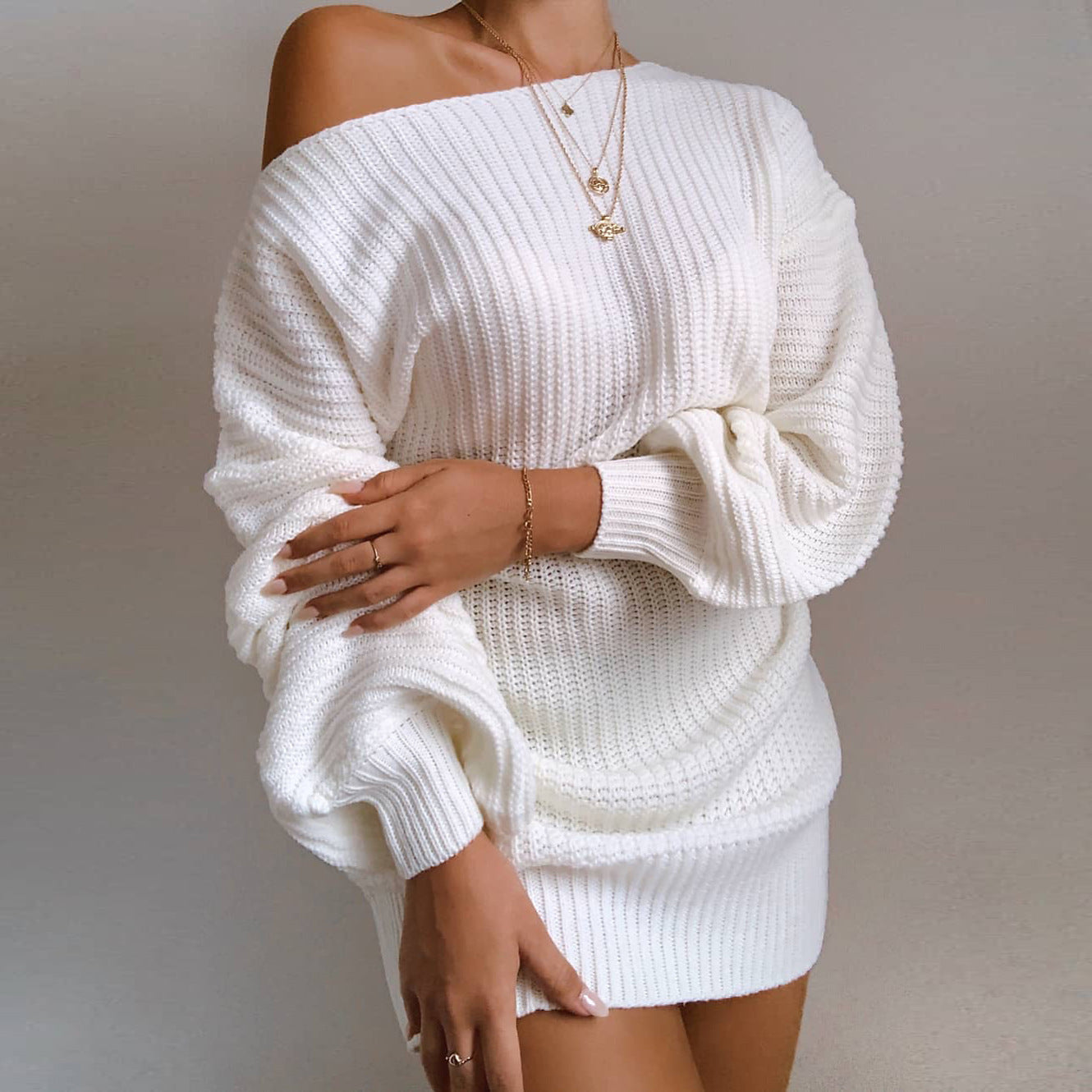 OrangeA Women Off Shoulder Knitted Sweater Dress Autumn  Winter Loose Long Sleeve Solid Ladies Tunic Elegant Streetwear Dresses vafini