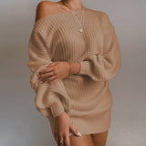 OrangeA Women Off Shoulder Knitted Sweater Dress Autumn  Winter Loose Long Sleeve Solid Ladies Tunic Elegant Streetwear Dresses vafini