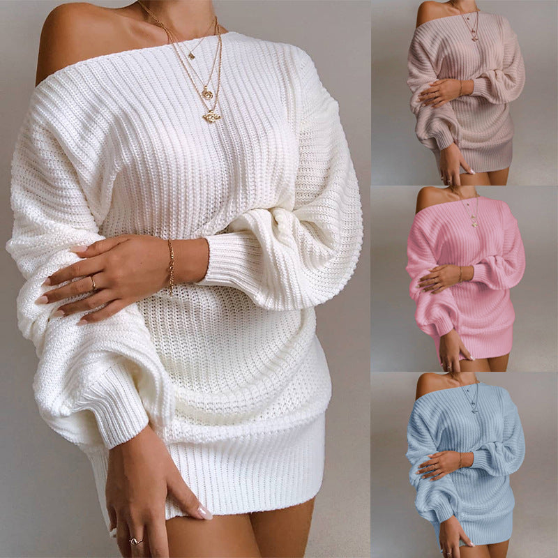 OrangeA Women Off Shoulder Knitted Sweater Dress Autumn  Winter Loose Long Sleeve Solid Ladies Tunic Elegant Streetwear Dresses vafini