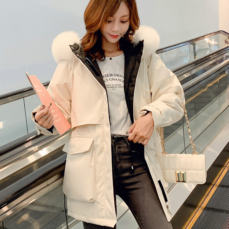 Fashion Hooded Faux Fur Collar Women's Clothing Big Pocket Down Jacket Female Winter Coat Woman vafini