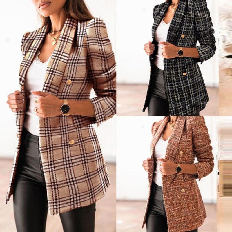 Spring Fashion Printed Long Sleeve Double Breasted Blazer Collar Coat vafini