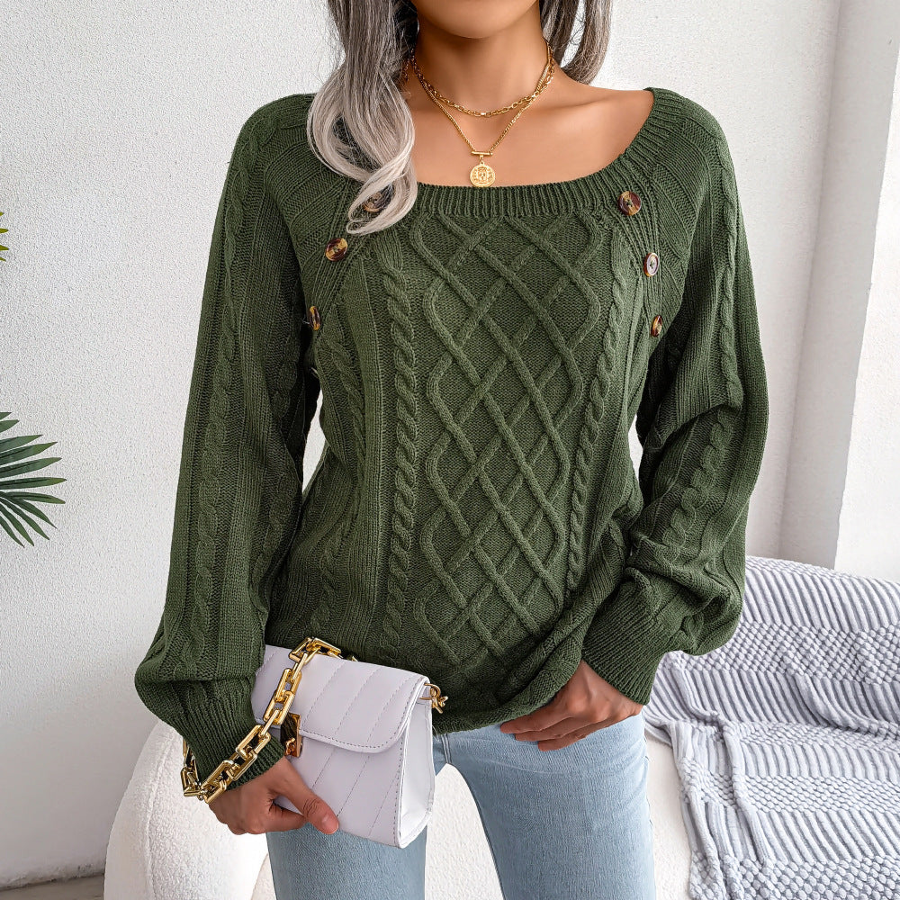 Square Neck Knitted Sweater With Button Design Winter Warm Long Sleeve Tops Women's Clothing vafini