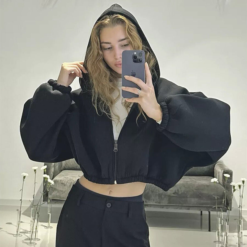 Casual Solid Color Hooded Short Jacket Y2K Fashion Sports Sweatshirt Long Sleeve Zip Up Cardigan Hoodies Women's Clothing vafini