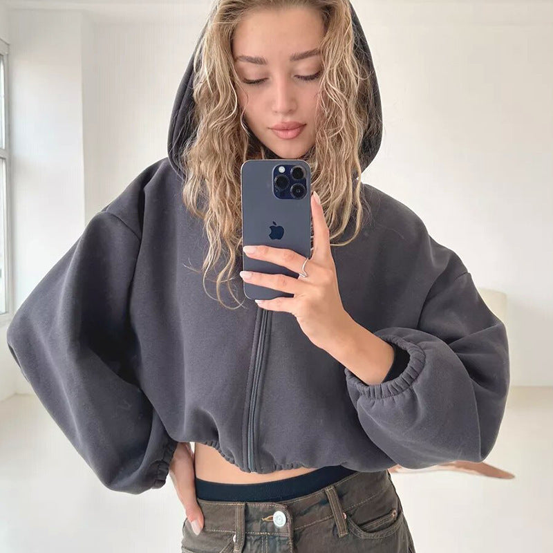 Casual Solid Color Hooded Short Jacket Y2K Fashion Sports Sweatshirt Long Sleeve Zip Up Cardigan Hoodies Women's Clothing vafini