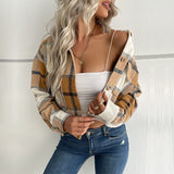 Plaid Lapel Cropped Jacket With Pockets Fashion Button Long Sleeve Short Outwear Tops Coat For Womens Clothing vafini