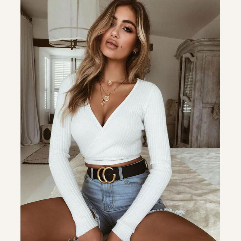 Sexy Women Ladies Summer Slim Crop Tops Long Sleeve T Shirt Casual Solid V Neck Knitted Short Tops vafini