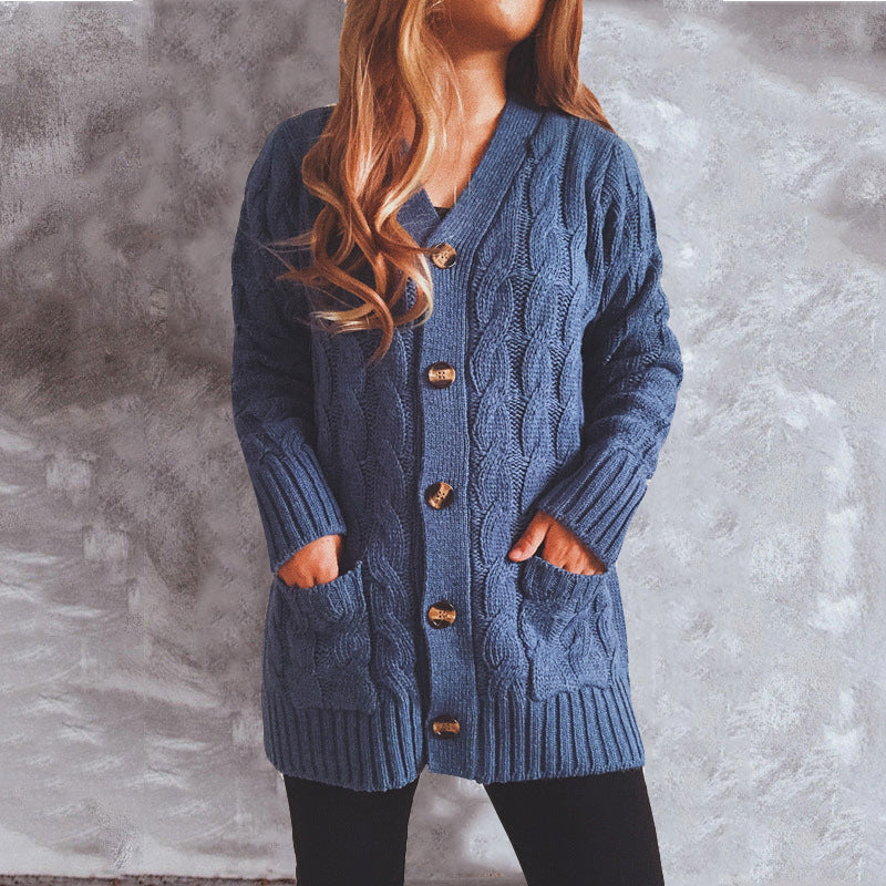 Single-breasted Coarse Twist Pocket Long-sleeved Knitted Sweater vafini