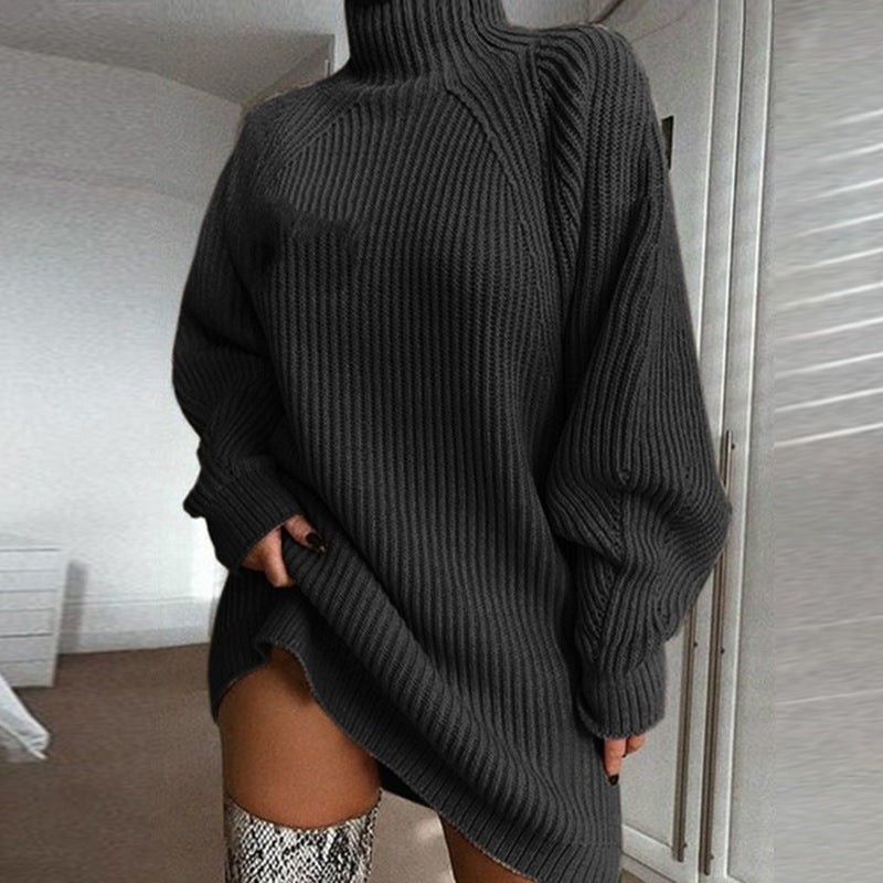 Solid Turtleneck Long Sweater Winter Warm Women Sweater Dress vafini