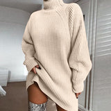 Solid Turtleneck Long Sweater Winter Warm Women Sweater Dress vafini