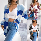 Plaid Sweater Women Casual Lantern Sleeves Cardigan Jacket Outerwear Clothes vafini