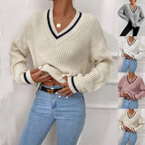 Winter Women's Clothes Cable Knit V Neck Sweaters Casual Long Sleeve Striped Pullover Sweater Trendy Loose Preppy Jumper Top vafini