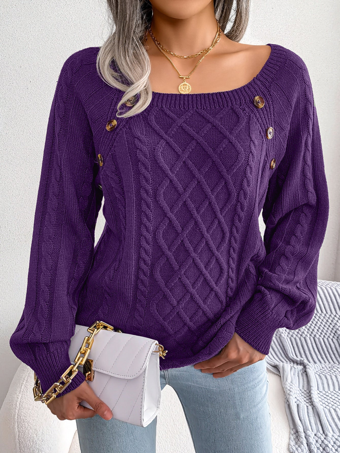 Square Neck Knitted Sweater With Button Design Winter Warm Long Sleeve Tops Women's Clothing vafini