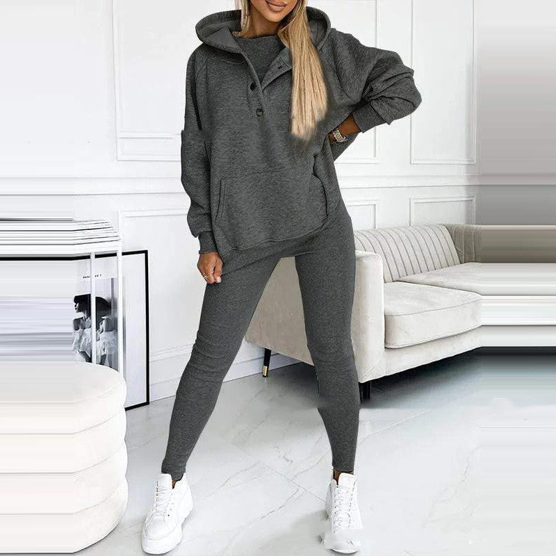 3pcs Women's Sports Suit Loose Hooded Pockets Sweatshirt And Vest And Slim Trousers vafini