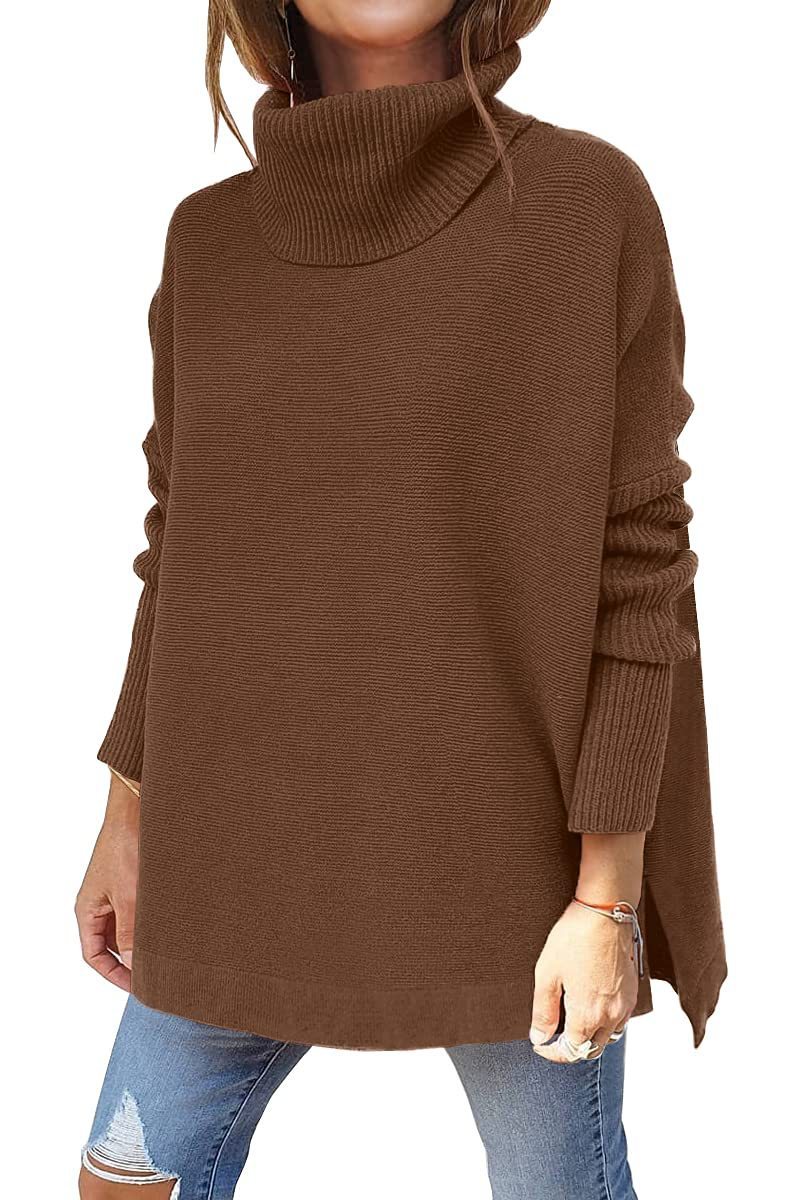 Turtleneck Sweater Mid Length Batwing Sleeve Slit Hem Tunic Pullover Sweaters Winter Tops Women Clothing vafini