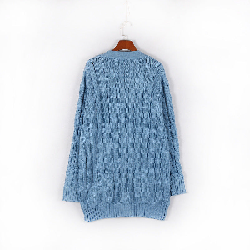 Single-breasted Coarse Twist Pocket Long-sleeved Knitted Sweater vafini