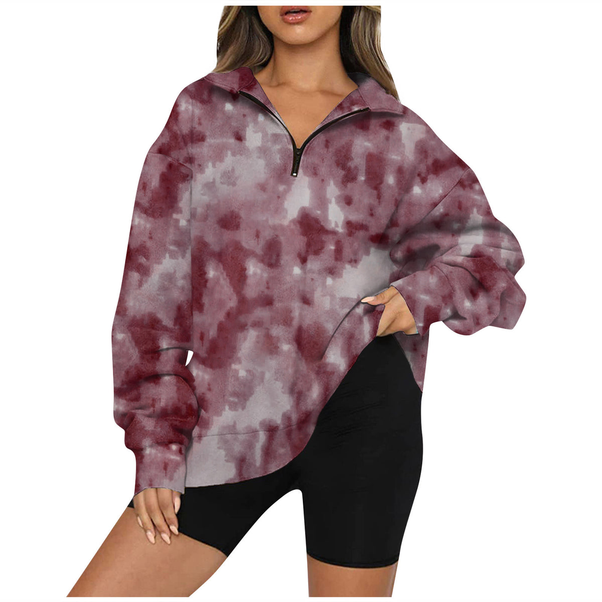 Tie Dye Printed Zippered Lapels Sweatshirt Womens Clothing Long Sleeve Loose Pocketless Top vafini