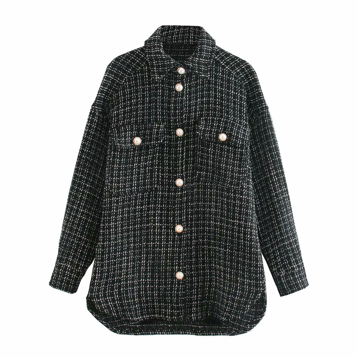 Women Plaid Pattern Thick Coats Jacket Pearl Buttons Long Sleeves Pocket Ladies Elegant Autumn Winter Coat vafini