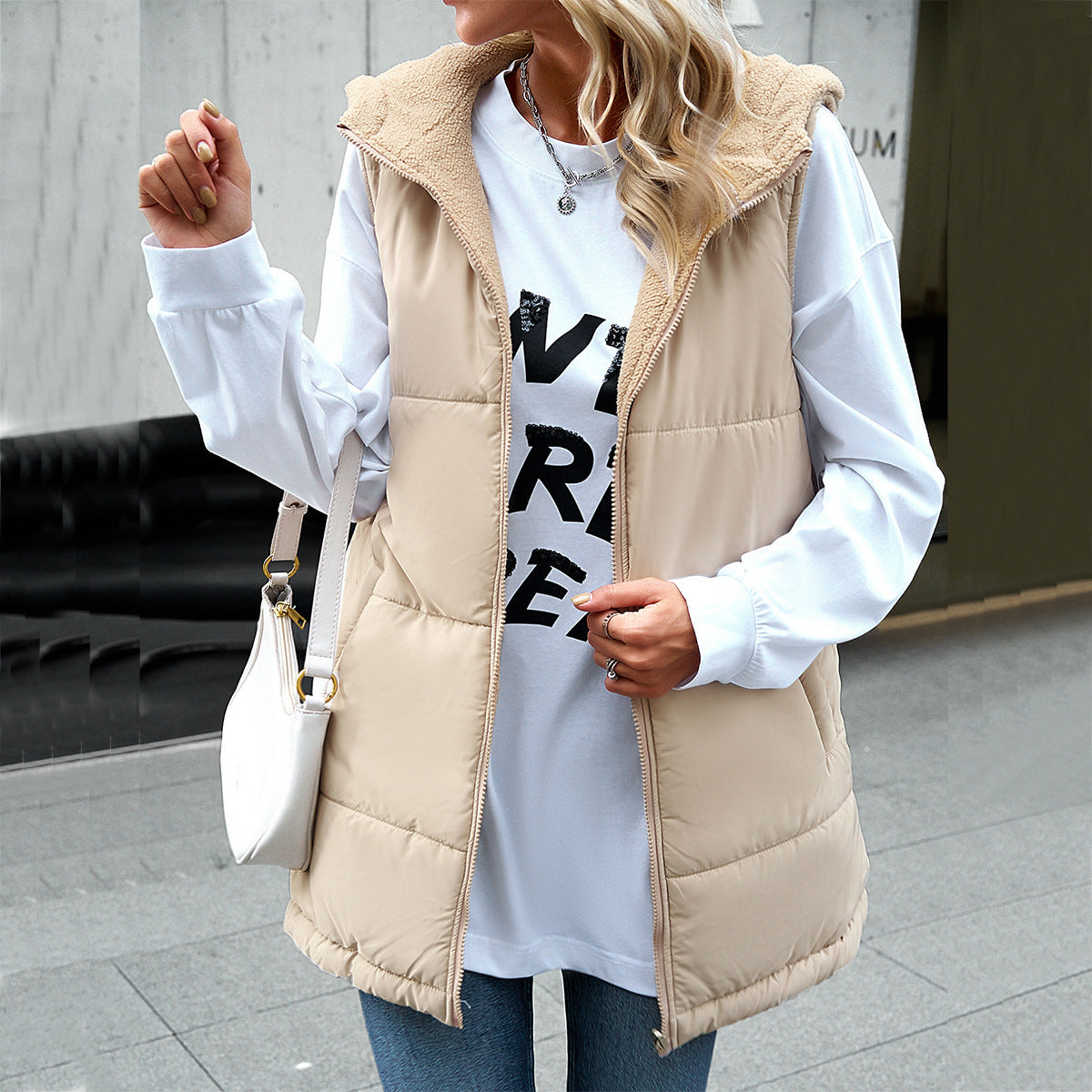 Winter Vest Women Loose Commuting Mid-length Hooded Cotton Jacket With Pockets Fashion Warm Zipper Fluffy Coat Outdoor Clothing vafini