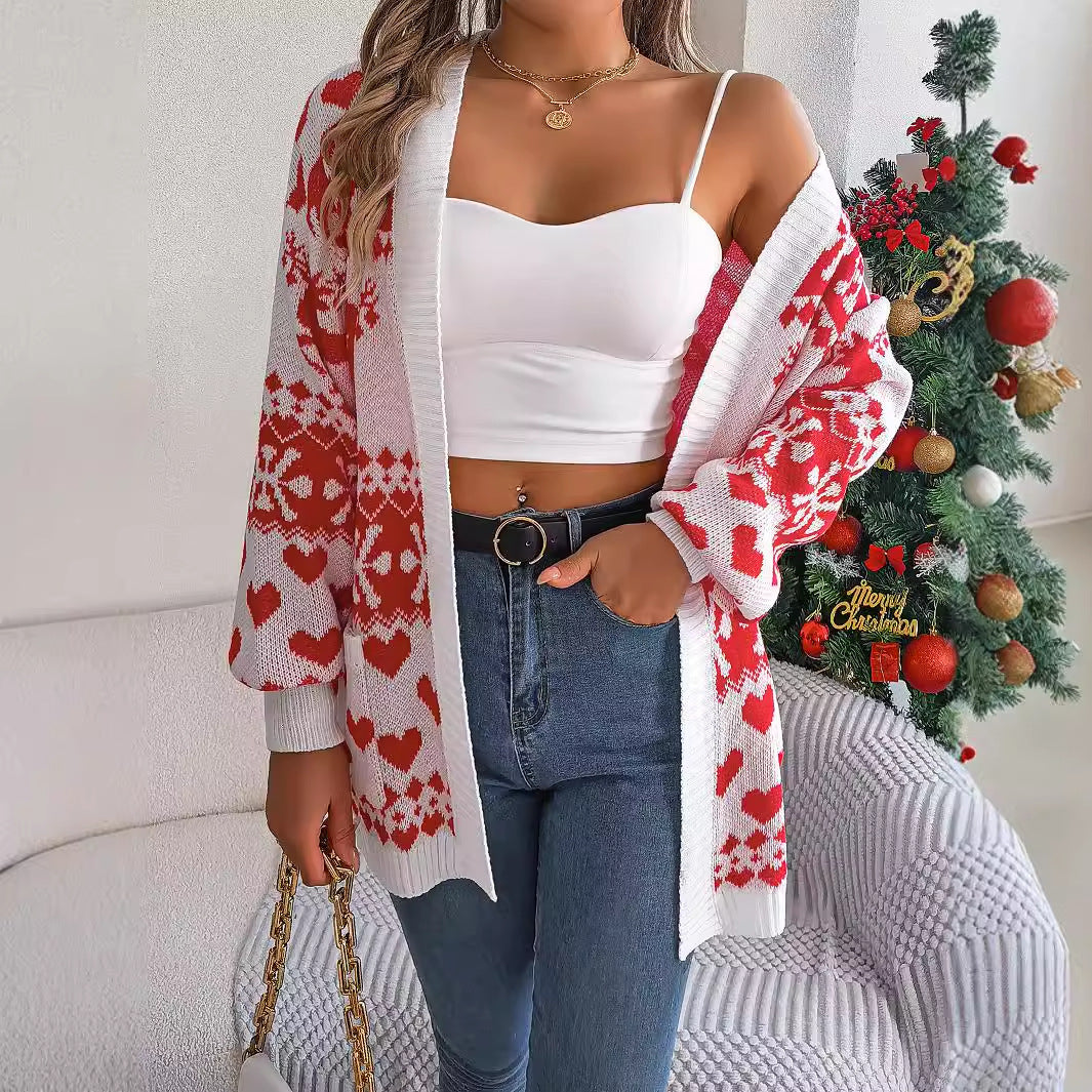 2024 Christmas Clothes Women's Open Front Cardigan Knitwear Lantern Sleeve Xmas Printed Oversized Deer Sweater Pockets Knitted vafini