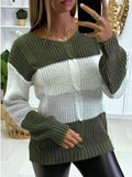 New Knitted V Neck Color Matching Long Sleeved Sweater Women vafini