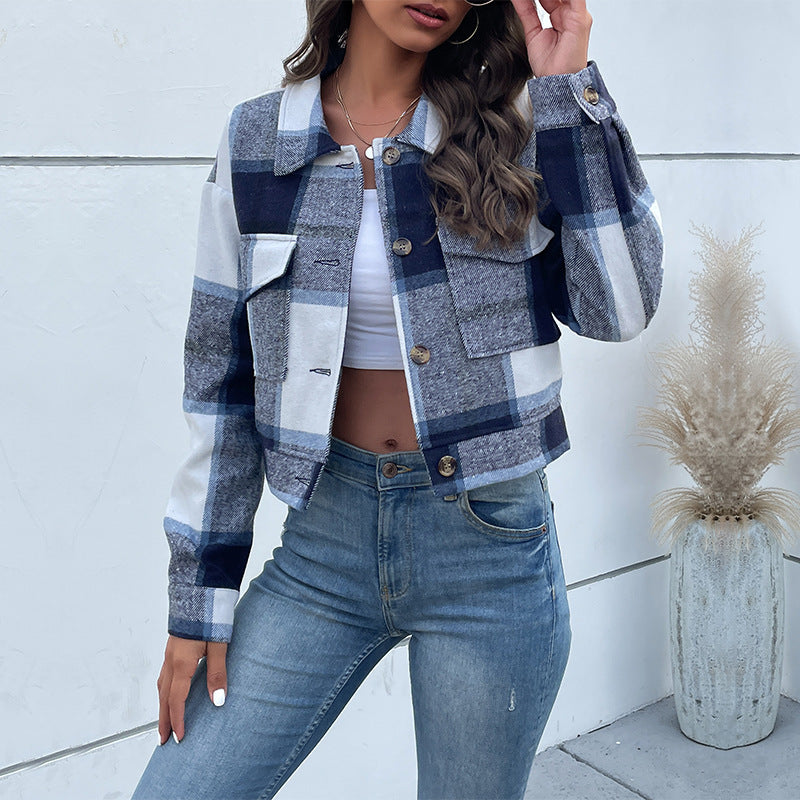 Plaid Lapel Cropped Jacket With Pockets Fashion Button Long Sleeve Short Outwear Tops Coat For Womens Clothing vafini