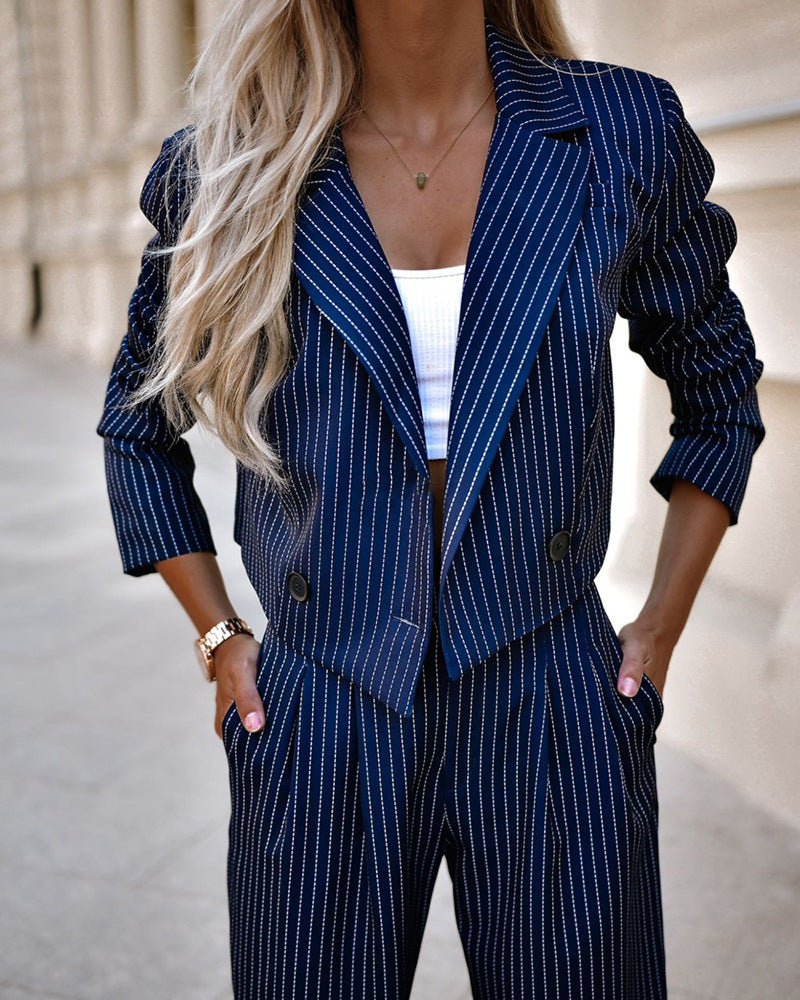 Fashion Striped Suits Casual Lapel Long Sleeve Cropped Top And Straight Pants Outfits Women's Clothing vafini