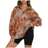 Tie Dye Printed Zippered Lapels Sweatshirt Womens Clothing Long Sleeve Loose Pocketless Top vafini