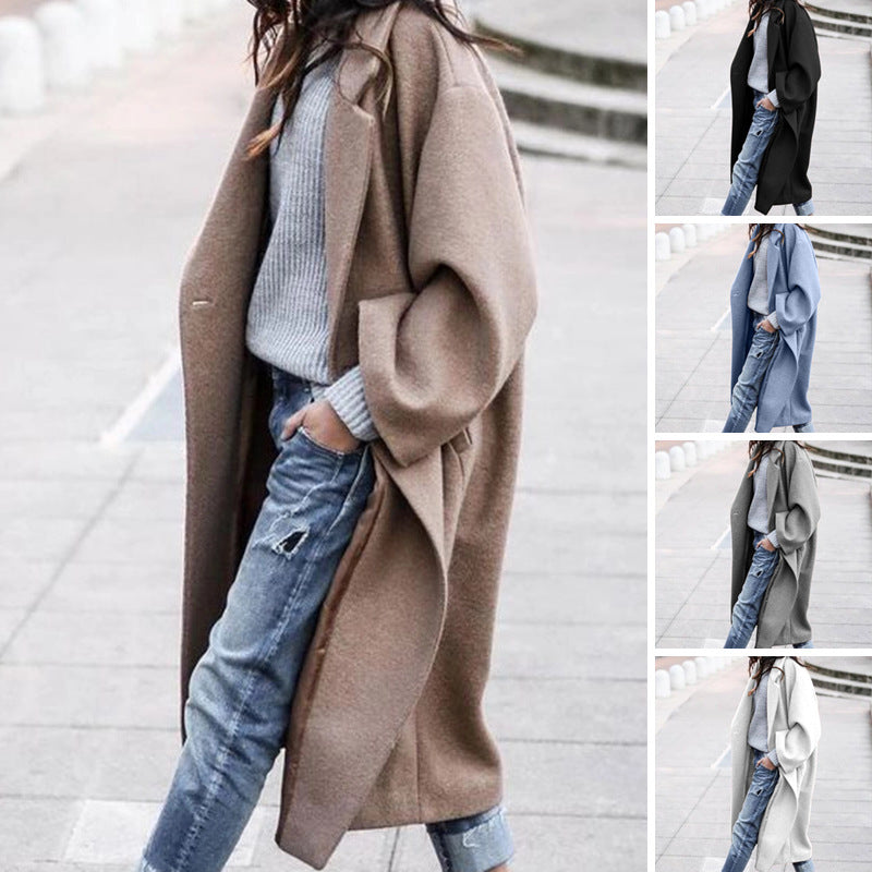 Casual Long Jacket With Pockets Solid Color Single Breasted Lapel Woolen Coat For Women Warm Winter Clothing vafini