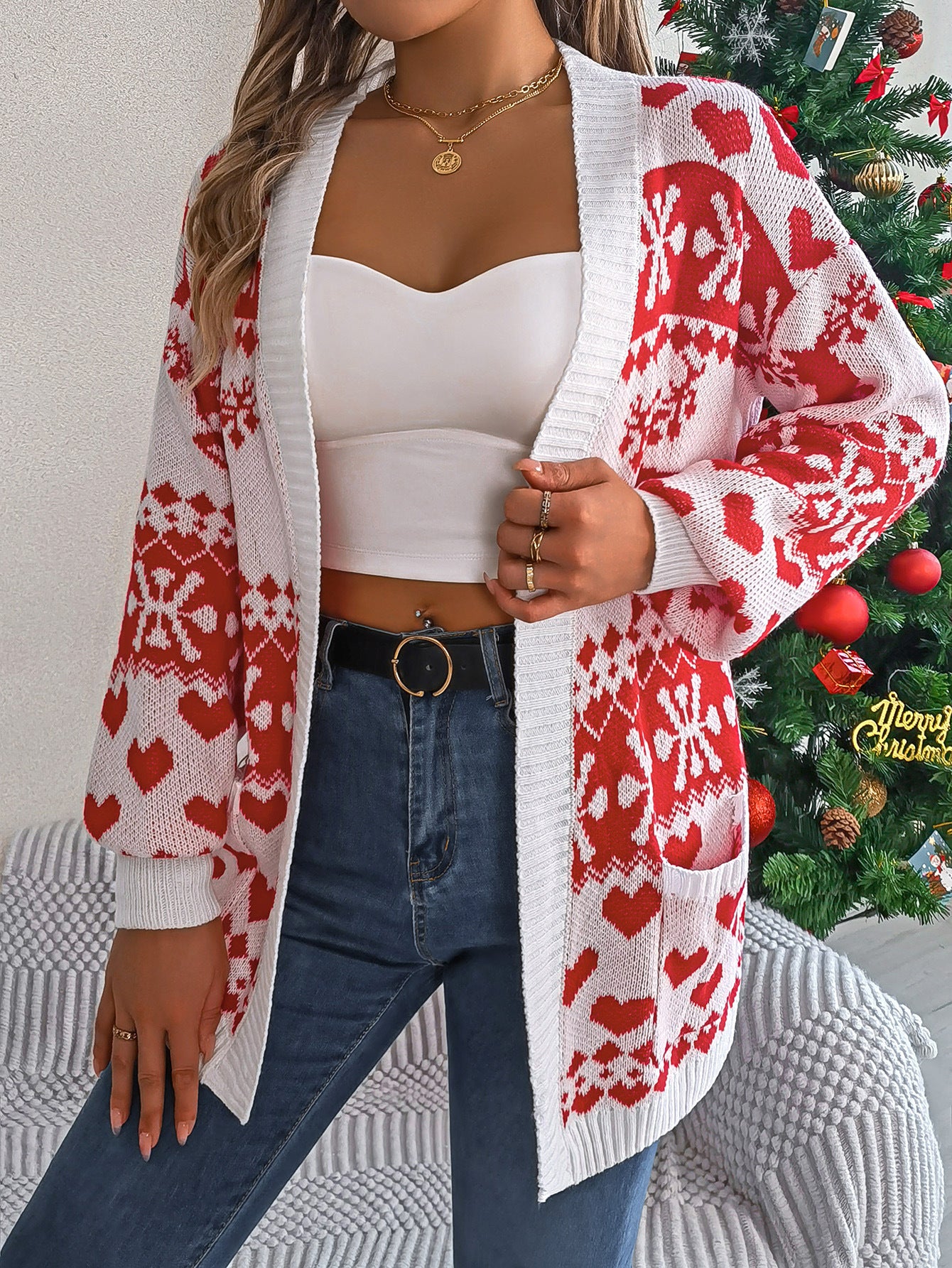 2024 Christmas Clothes Women's Open Front Cardigan Knitwear Lantern Sleeve Xmas Printed Oversized Deer Sweater Pockets Knitted vafini