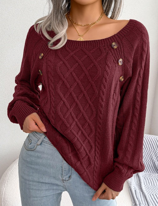 Square Neck Knitted Sweater With Button Design Winter Warm Long Sleeve Tops Women's Clothing vafini