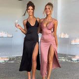 Spaghetti Strap Dress With Split Design Deep V-neck Sleeveless Backless Bodycon Party Dresses For Womens Clothing vafini