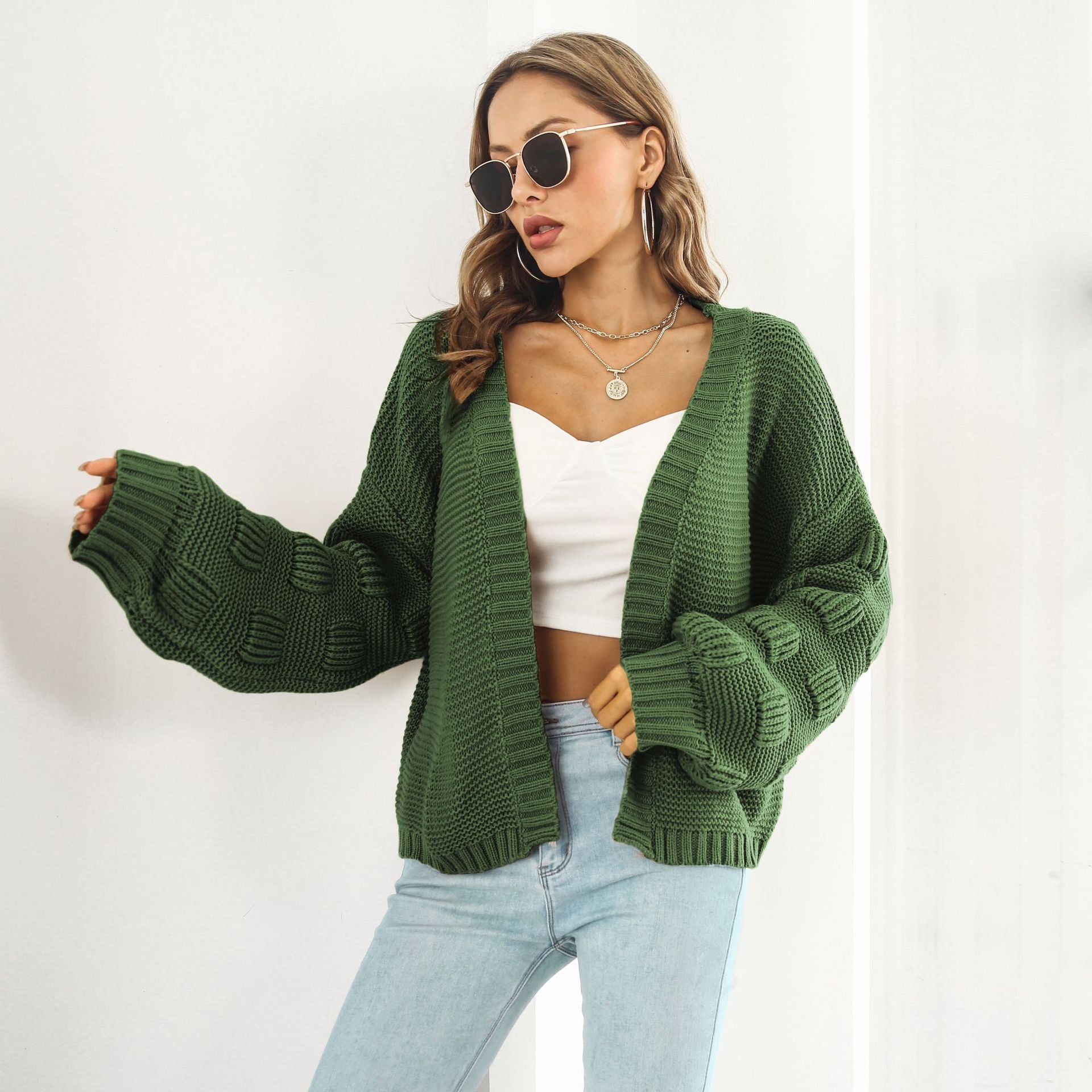 Puff Sleeve Cardigan Sweater Women Clothes Front Chunky Knitwear Coat vafini