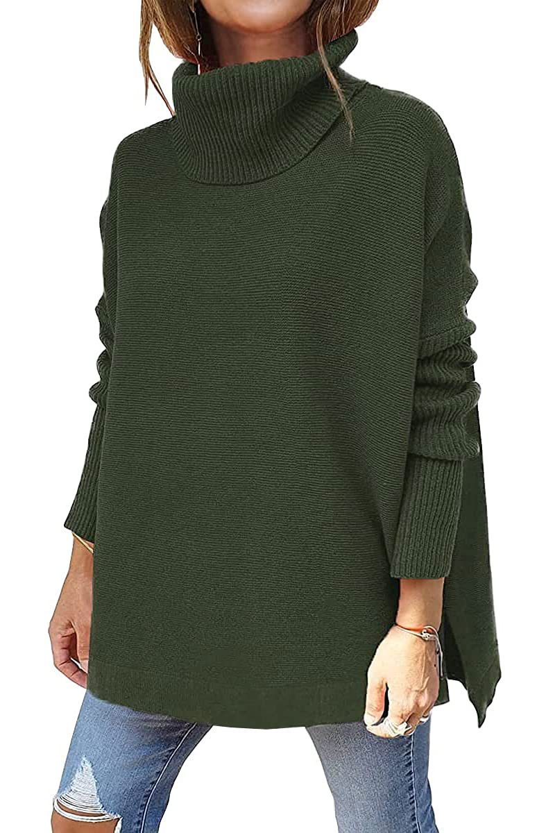 Turtleneck Sweater Mid Length Batwing Sleeve Slit Hem Tunic Pullover Sweaters Winter Tops Women Clothing vafini