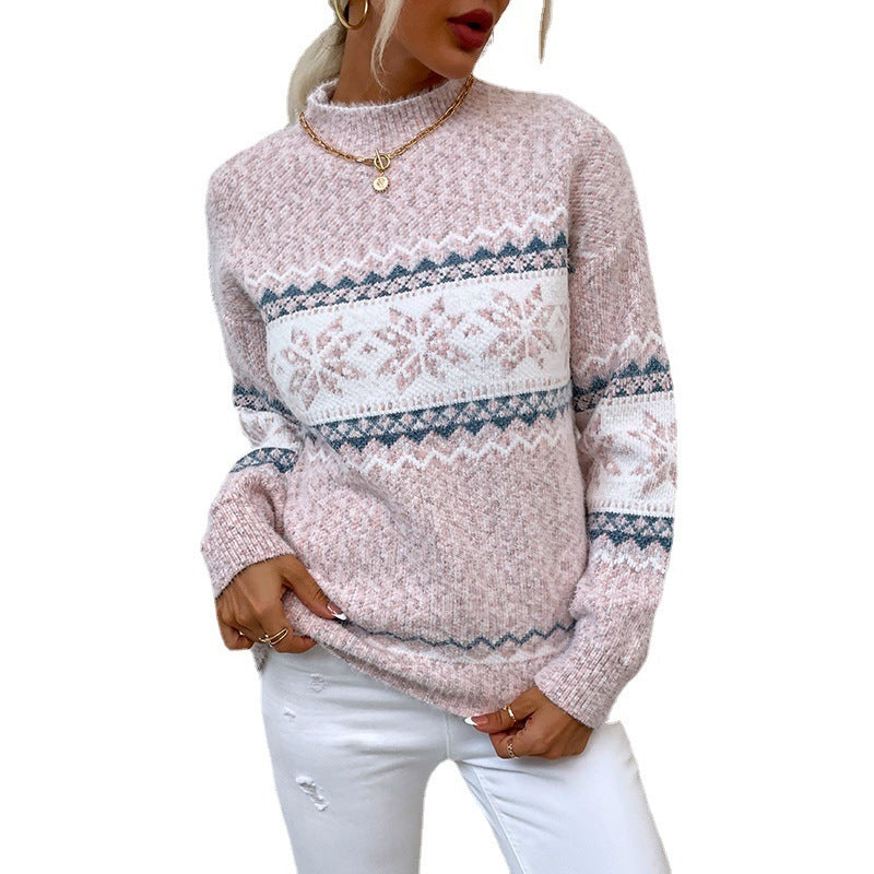 Half Turtleneck Snowflake Sweater Women vafini