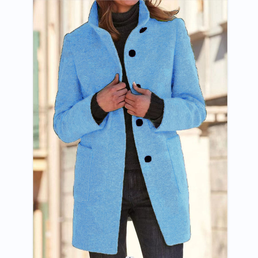 Fashion Stand Collar Woolen Coat With Pockets Fall Winter Casual Button Outwear For Women Clothing vafini