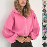 Casual Solid Color Hooded Short Jacket Y2K Fashion Sports Sweatshirt Long Sleeve Zip Up Cardigan Hoodies Women's Clothing vafini